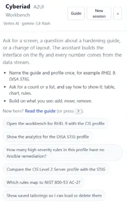 Cyberiad AI assistant panel with example questions such as “How many high severity rules in this profile have no Ansible remediation?”
